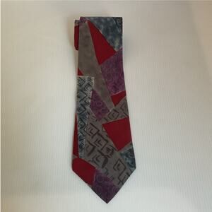 Oscar de la Renta Vintage Tie 100% Silk Made in USA Abstract Geometric Red Gray